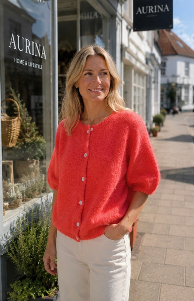 Catherine Cropped Sleeve Cardigan - Neon Coral
