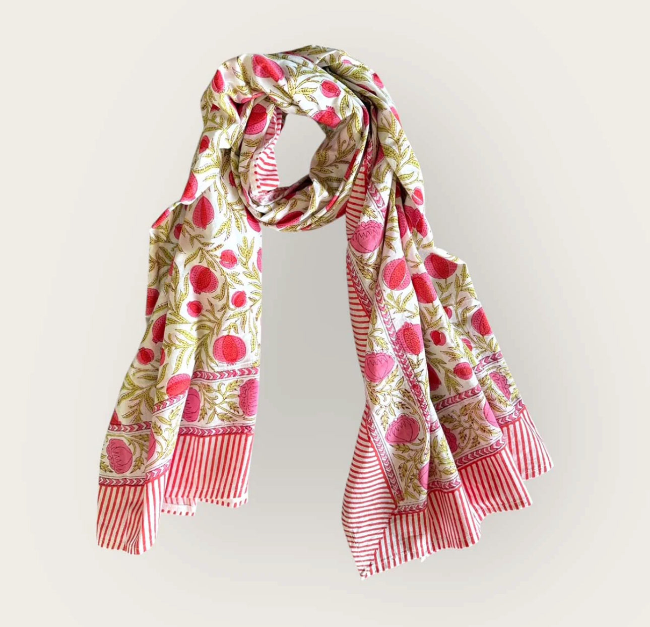 Pink and Green Floral Cotton Block Print Scarf