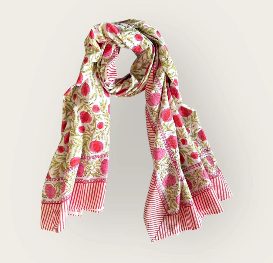 Pink and Green Floral Cotton Block Print Scarf