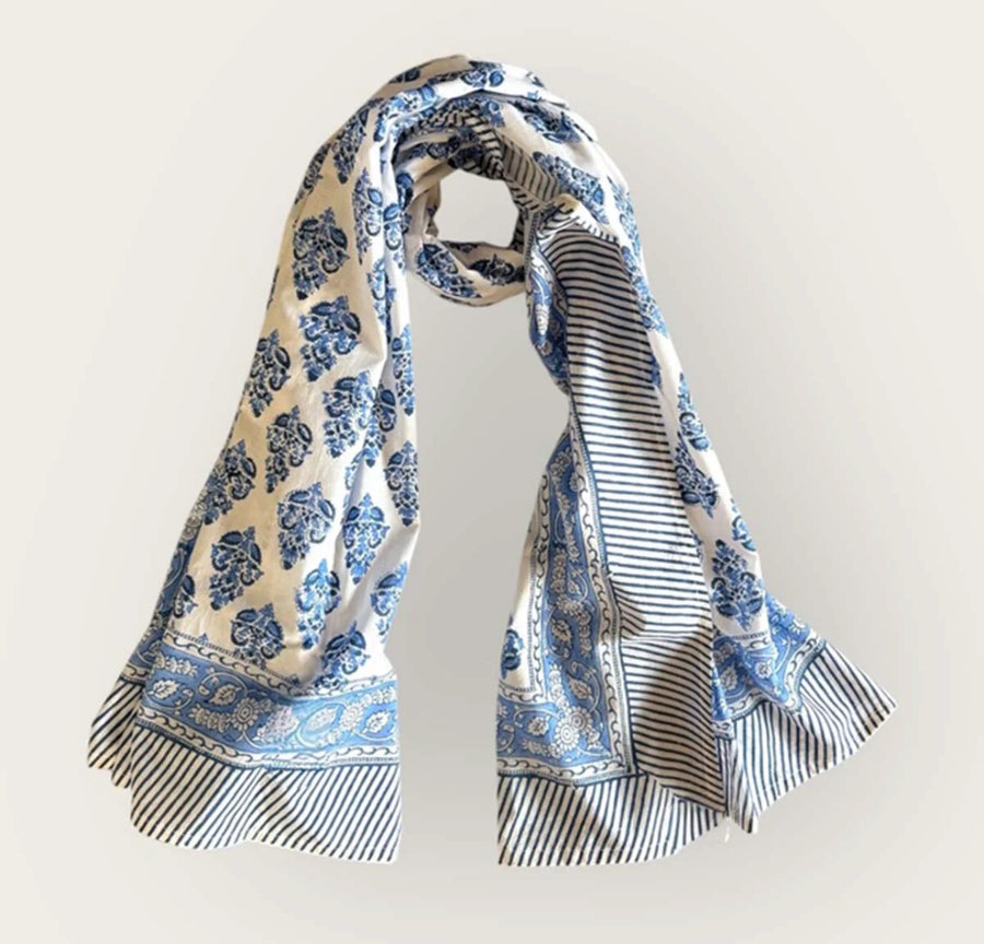Blue Floral Cotton Block Print Scarf