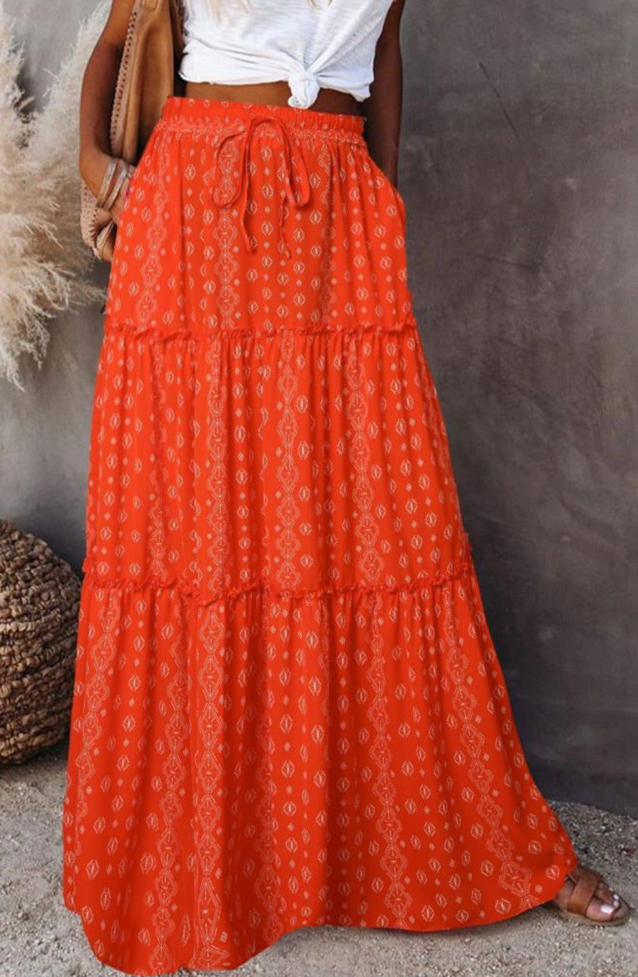 Tiered Maxi Skirt - Orange Diamond Aurina Pop UP Ltd