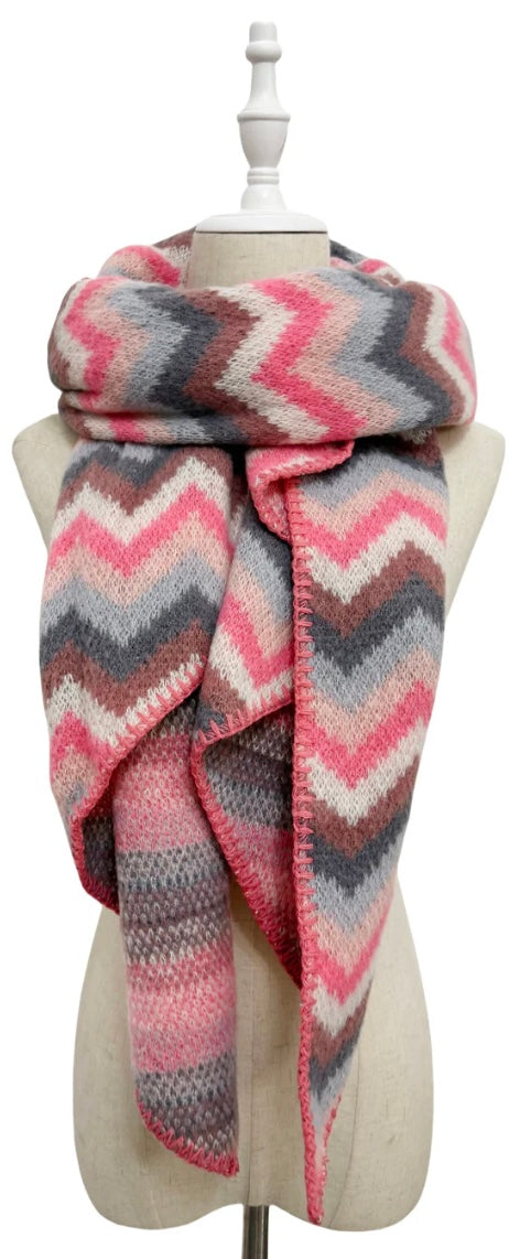 Charlie Chevron Print Wool Blend Scarf - Pink and Grey
