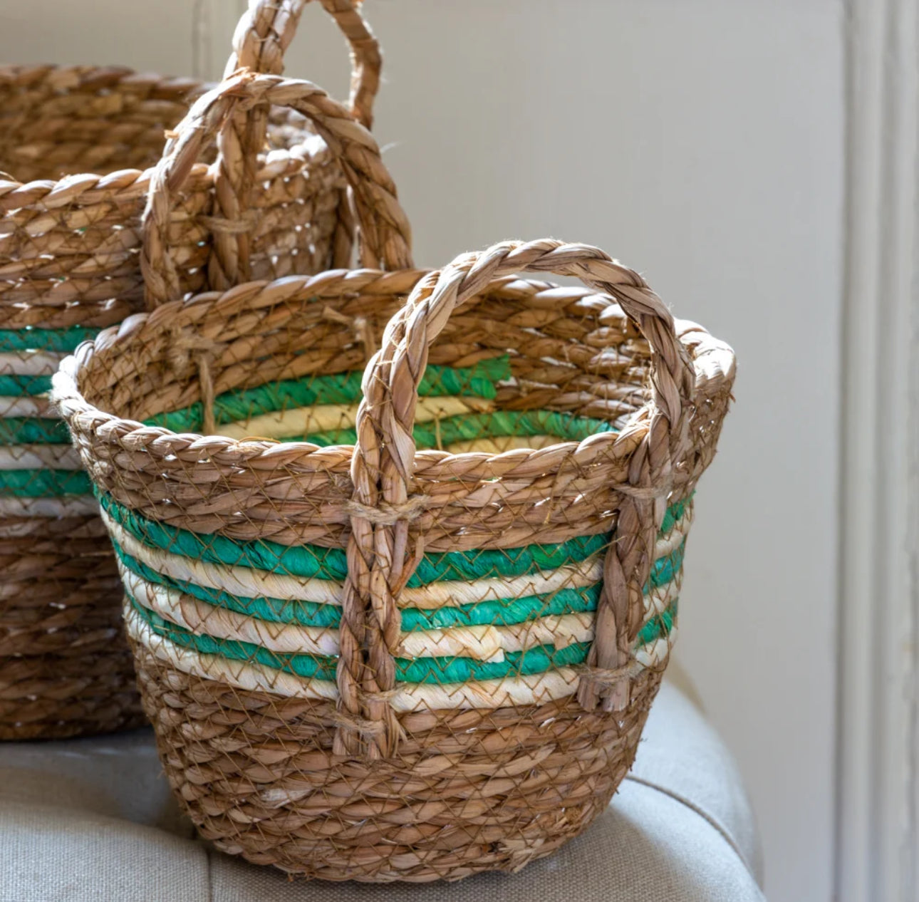 Green Stripe Straw and Corn Basket Set of 3