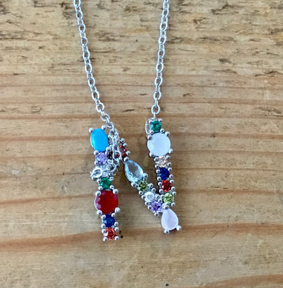 Silver  Gem Initial Necklace