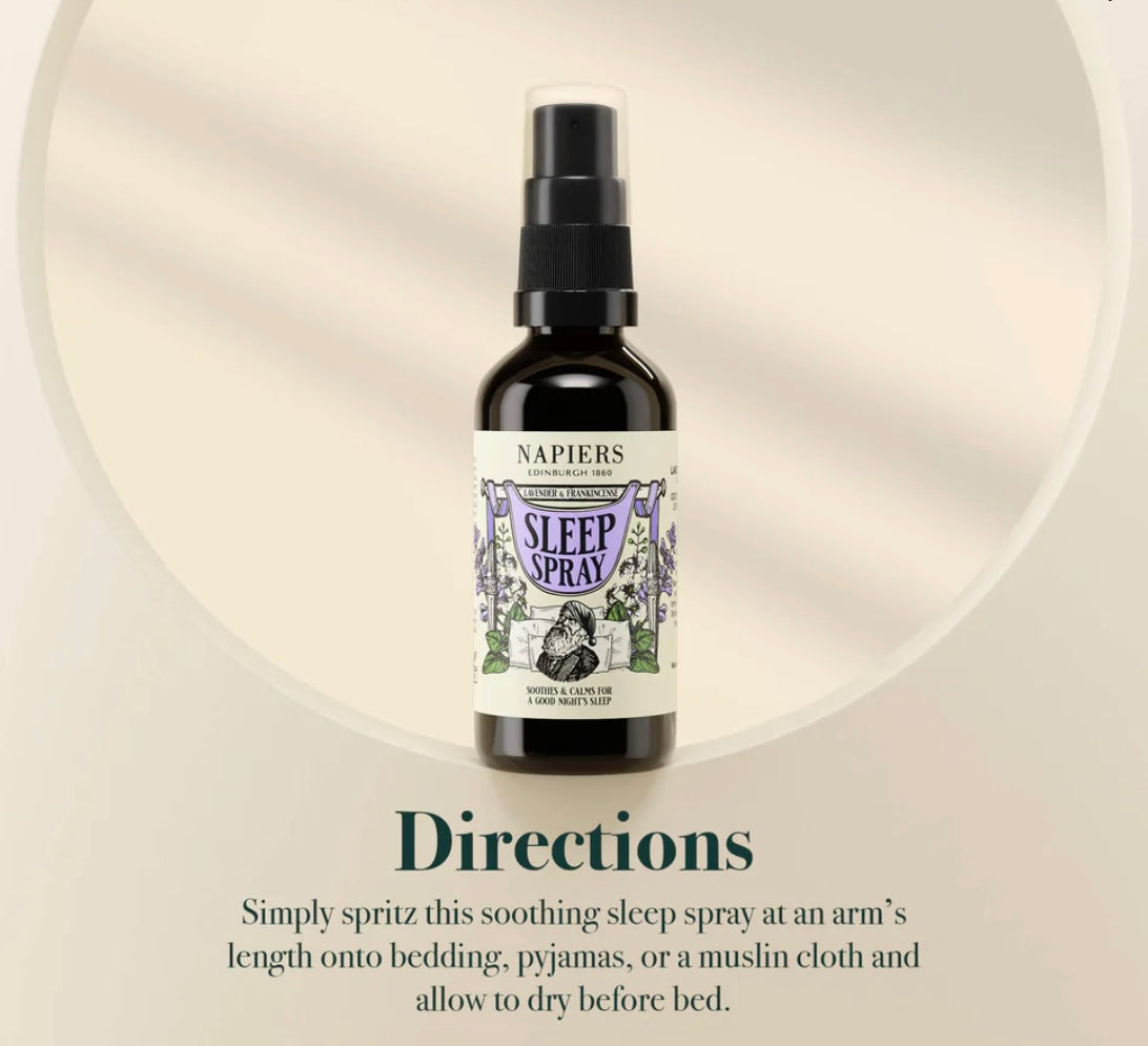 Aurina Pop UP Ltd Napiers Sleep Spray with usage directions on a soft background