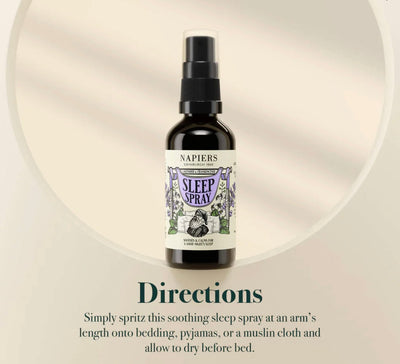 Aurina Pop UP Ltd Napiers Sleep Spray with usage directions on a soft background