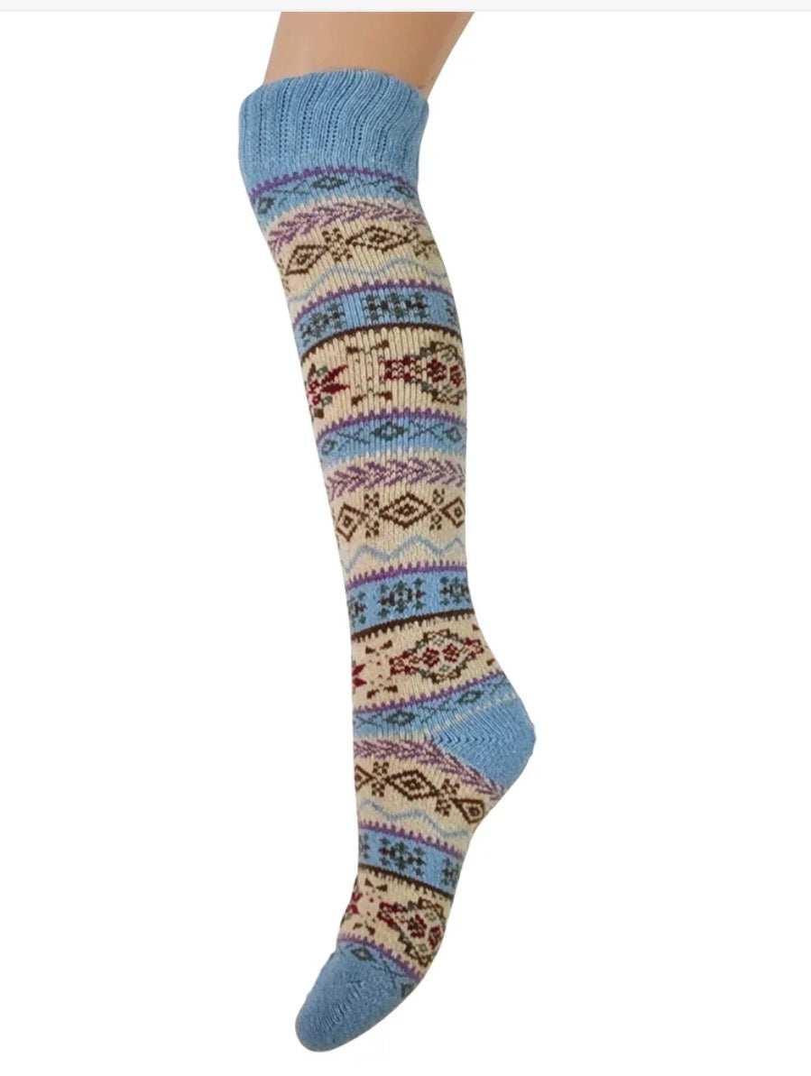 Extra Long Wool Blend Ladies Fairisle Sock - Blue
