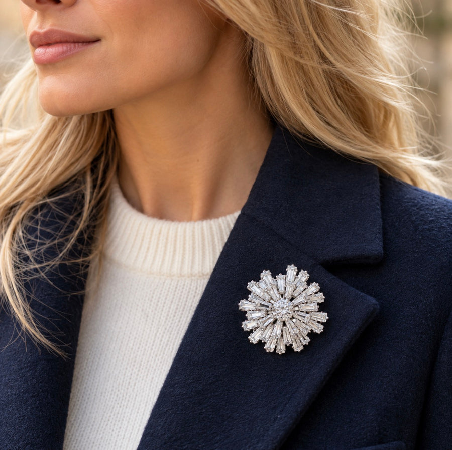 Silver Crystal Starburst Brooch