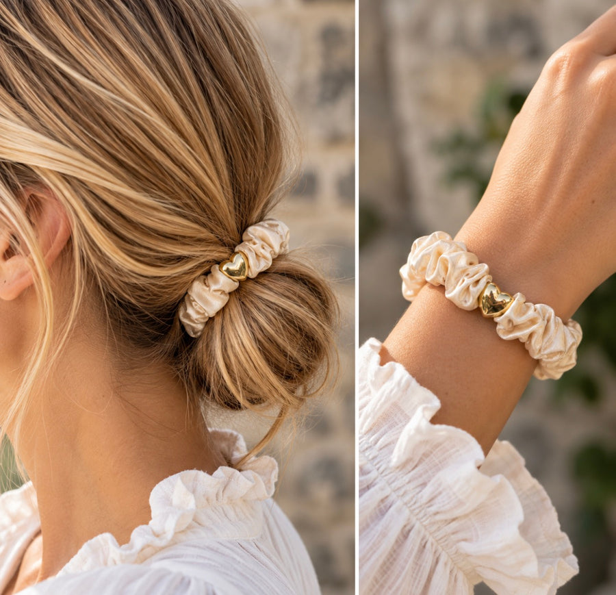Cream Satin Heart Scrunchie