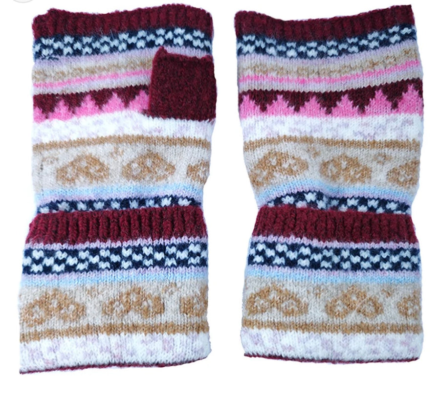 Nordic Style Wool Blend Fingerless Gloves - Burgundy