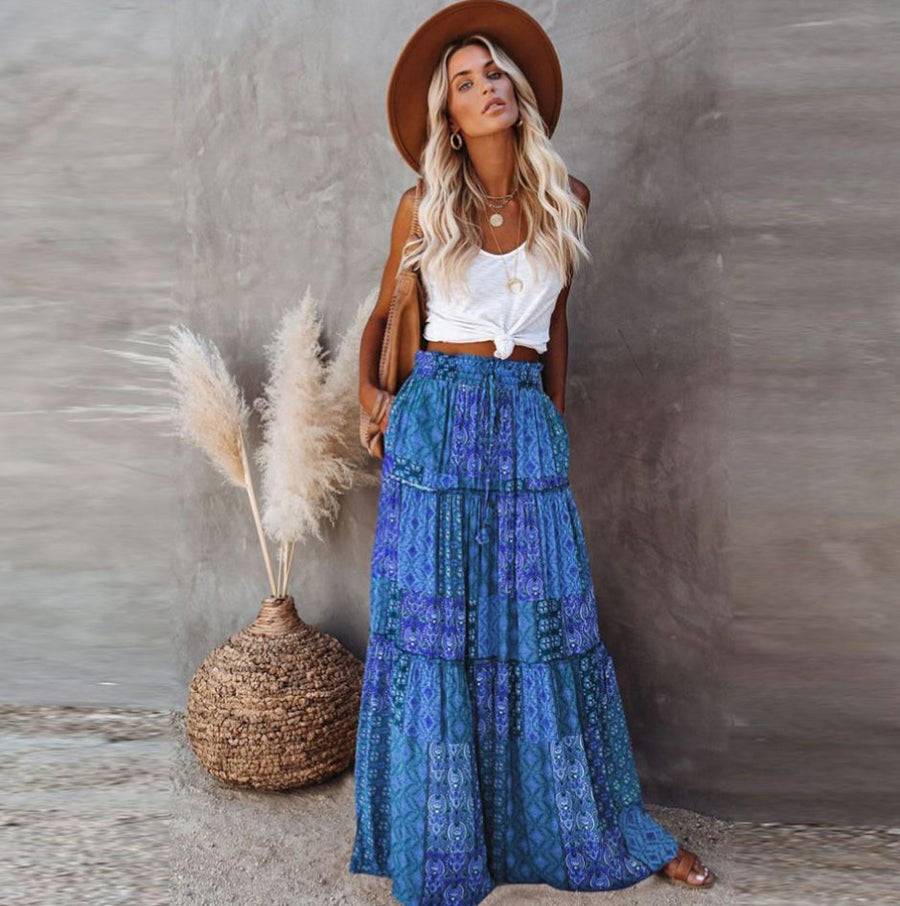 Tiered Maxi Skirt - Blue Scarf Aurina Pop UP Ltd