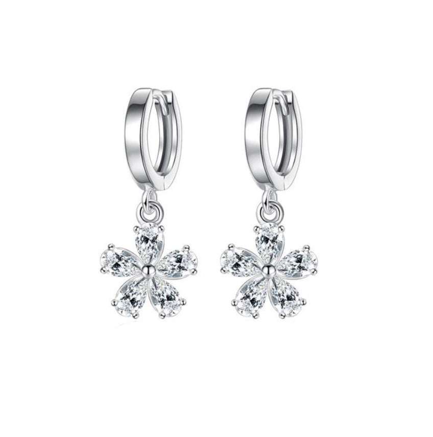 Crystal Flower Huggie Earring Silver