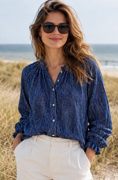 Gathered Stripe Cotton Blouse