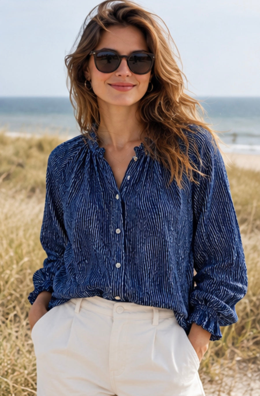 Gathered Stripe Cotton Blouse