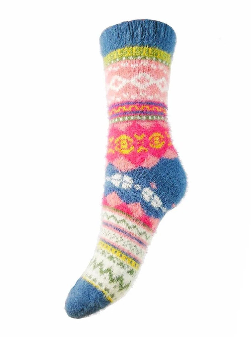 Vintage Scandi Style Wool Blend Ladies Socks - Blue & Pink