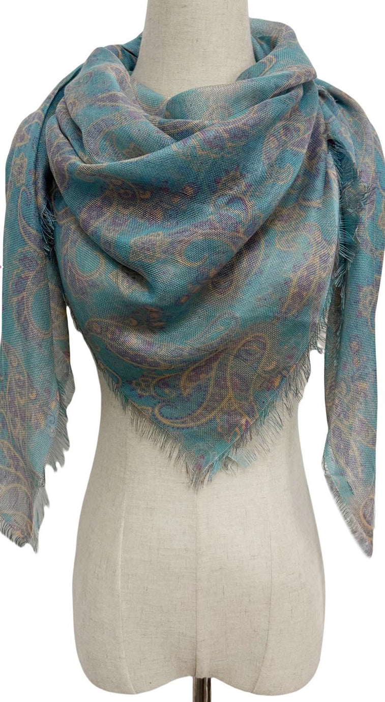 Paisley Linen Frayed Square Scarf - Mint