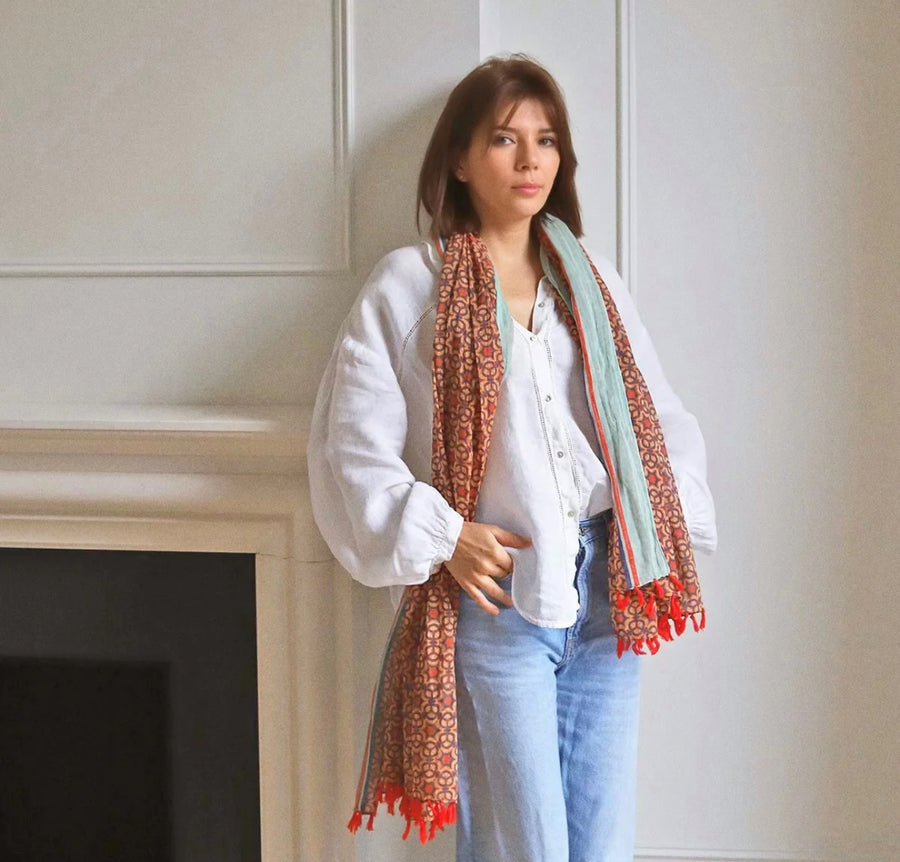 Dark Red Stars Block Print Scarf