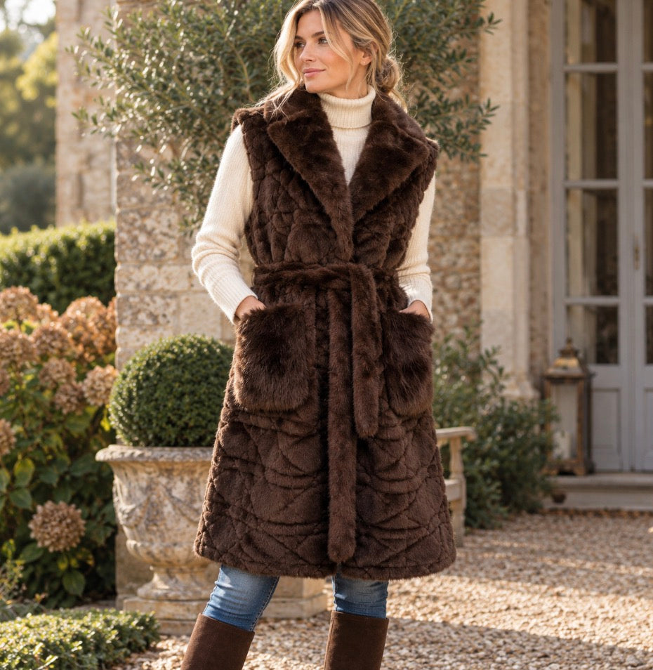Long Belted Faux Fur Vest Brown