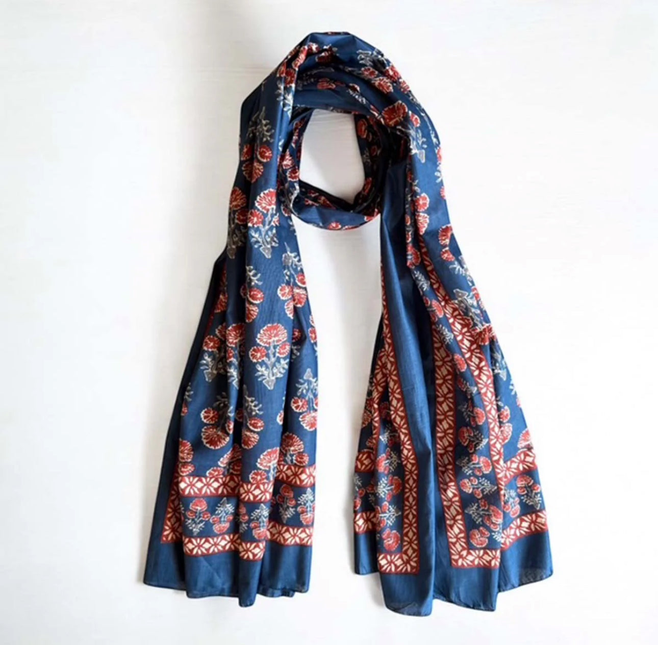 Deep Blue Flower Block Print Scarf