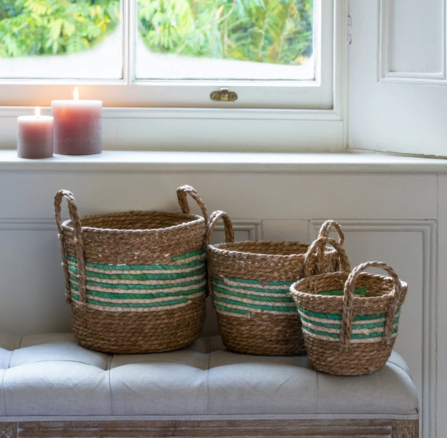 Green Stripe Straw and Corn Basket Set of 3