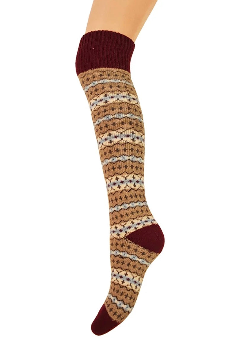 Extra Long Wool Blend Ladies Fairisle Sock - Brown
