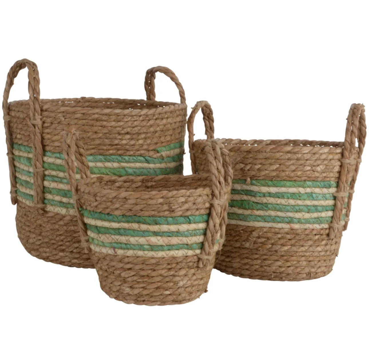 Green Stripe Straw and Corn Basket Set of 3