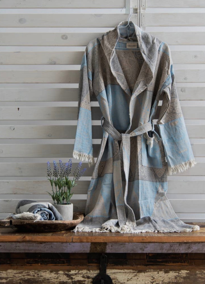 Elounda Ladies Bathrobe - Beige & Light Blue