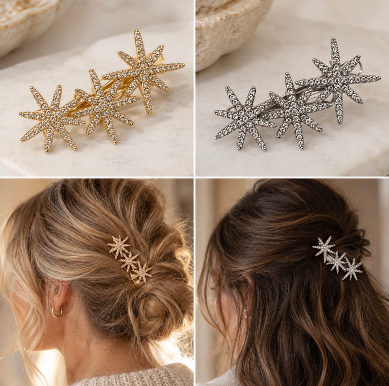 Triple Starburst Rhinestone Hair Clip – Gold & Silver