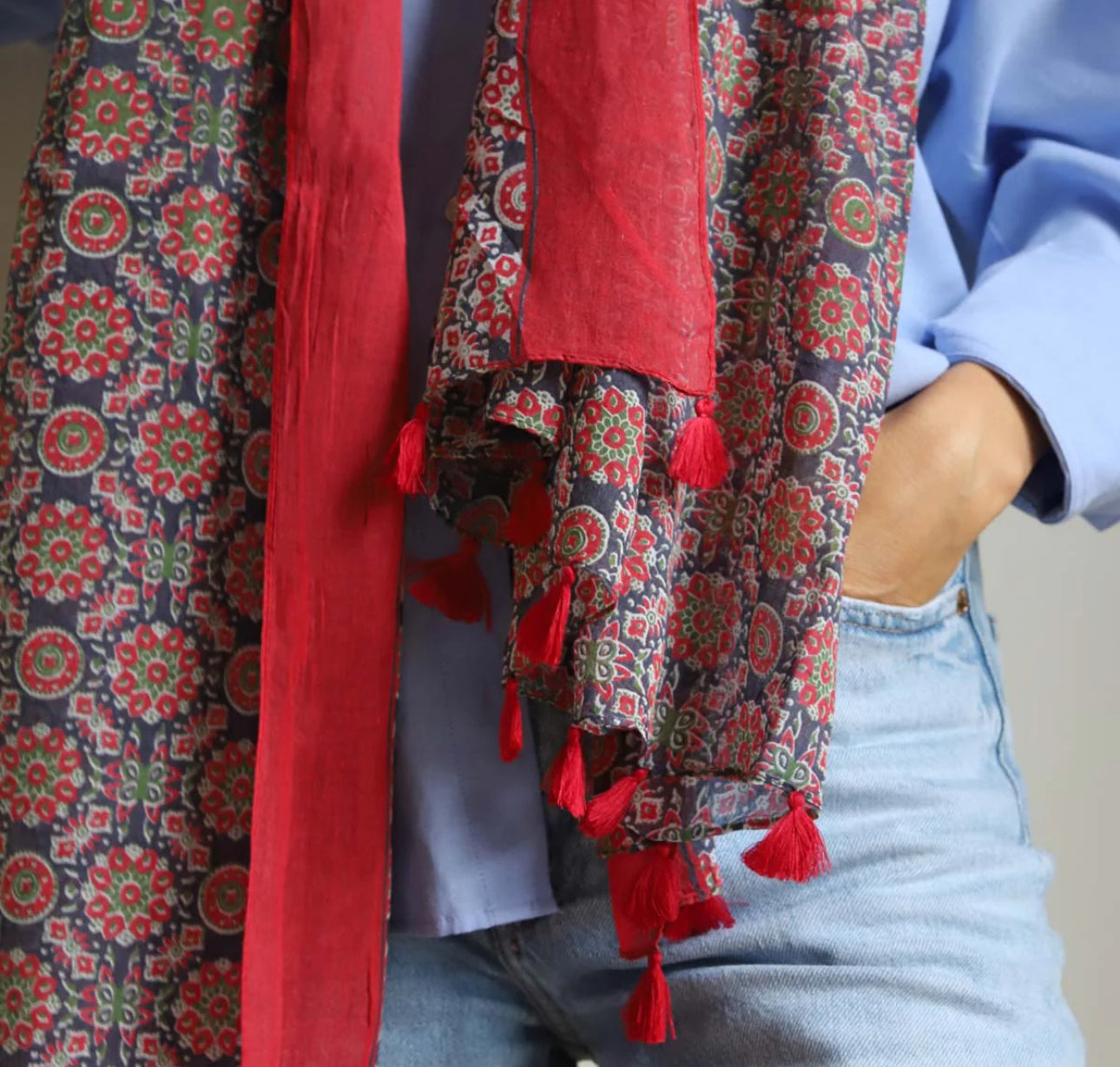 Green and Red Circular  Block Print Scarf