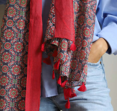 Green and Red Circular  Block Print Scarf
