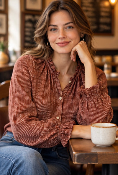 Gathered Stripe Cotton Blouse
