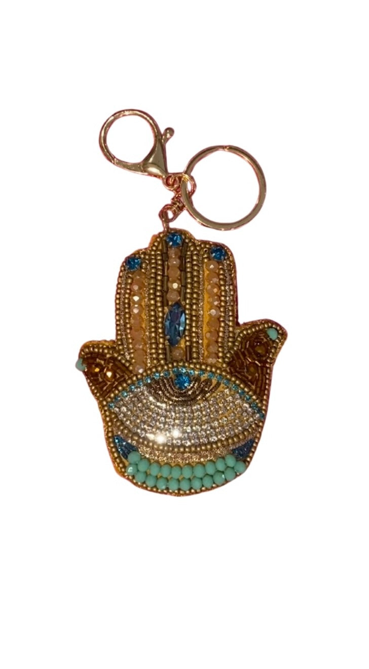 Beaded Hamza Turquoise and Beige  Bag Charm/ Key Ring