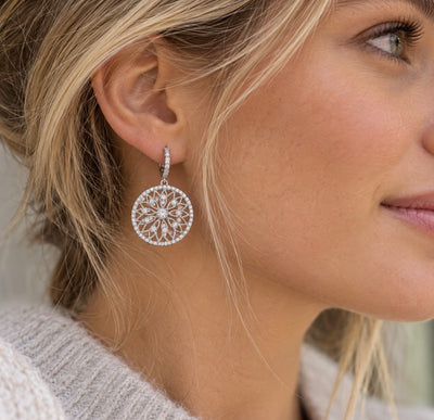 Filigree Crystal Medallion Huggie Earrings - Gold and Silver