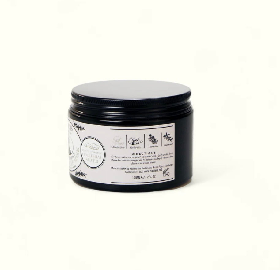 Aurina Pop UP Ltd Napiers Mother of All Silver Miracle Face Mask cream jar with black lid, back view