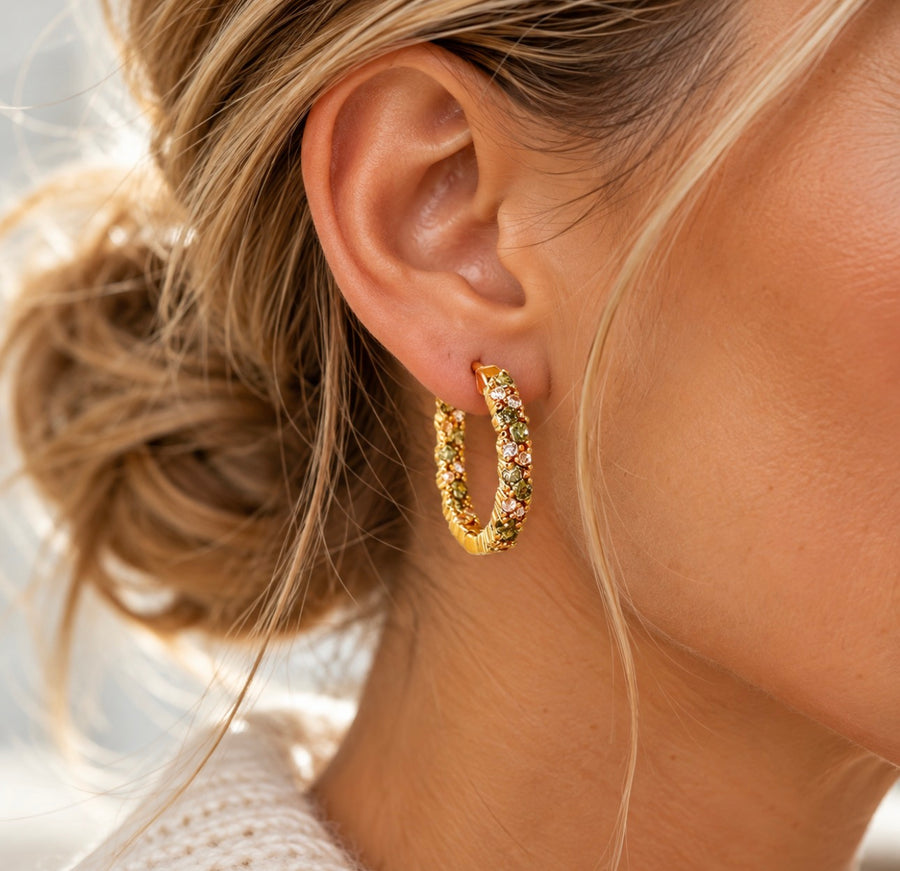 Gold & Green Sparkle Hoop Earrings