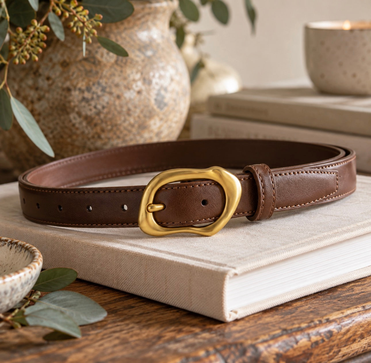 Molten Buckle Leather Belt – Chestnut Brown & Gold