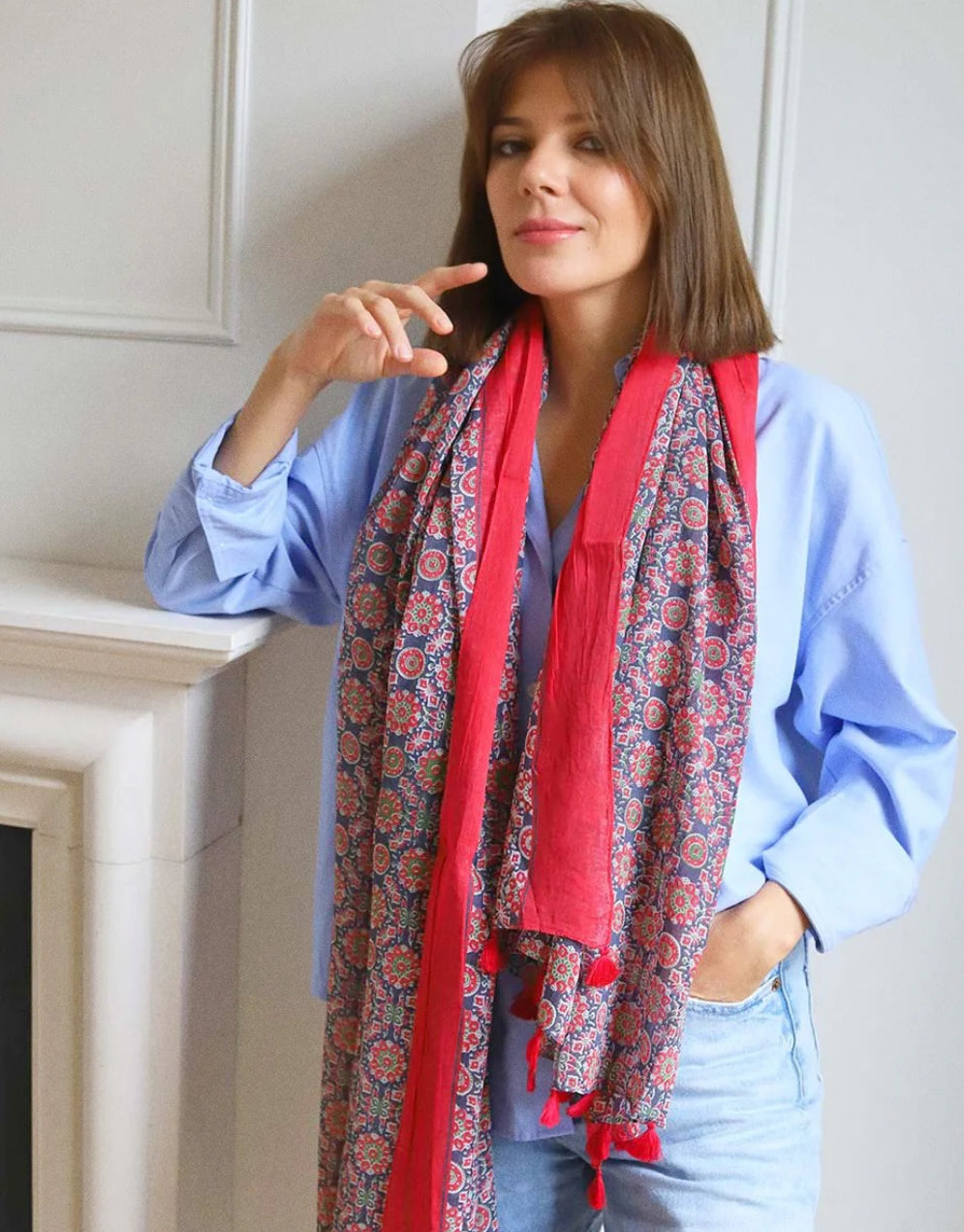 Green and Red Circular  Block Print Scarf