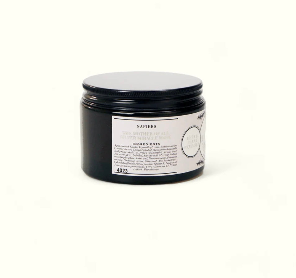 Aurina Pop UP Ltd Napiers Mother of All Silver Miracle Face Mask cream jar with black lid, side view