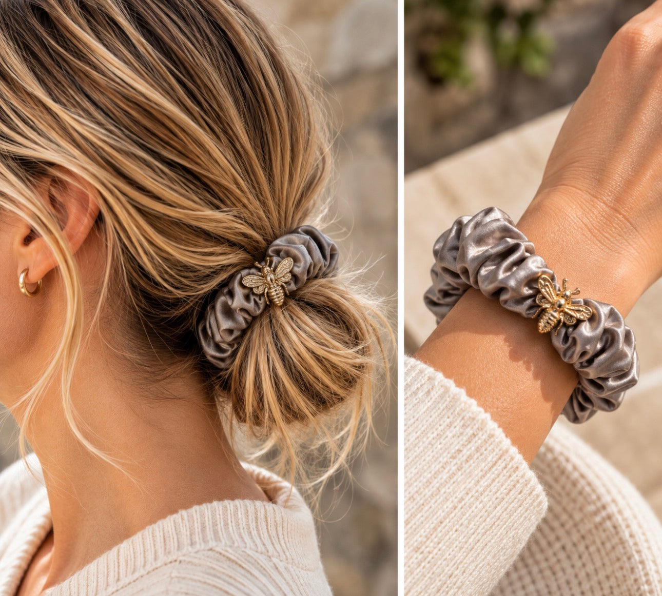 Gunmetal Satin Bee Scrunchie