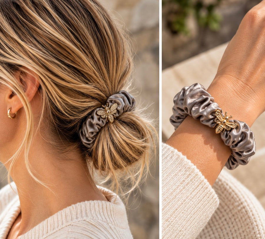 Gunmetal Satin Bee Scrunchie