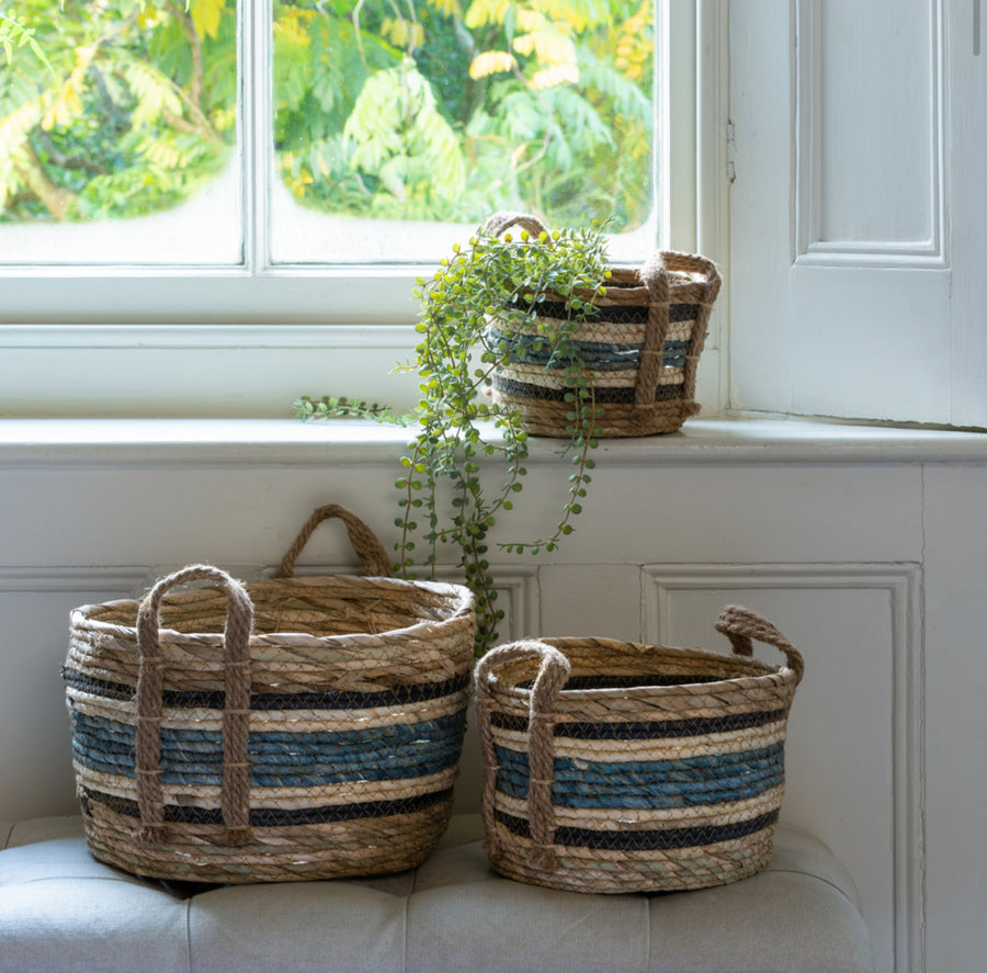 Blue Stripe Straw Basket - Medium