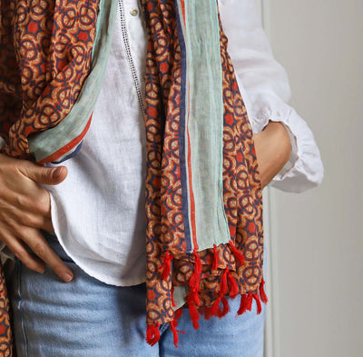 Dark Red Stars Block Print Scarf