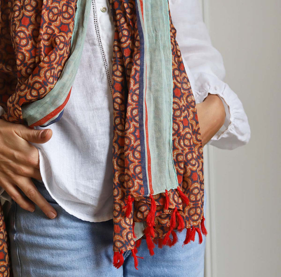 Dark Red Stars Block Print Scarf