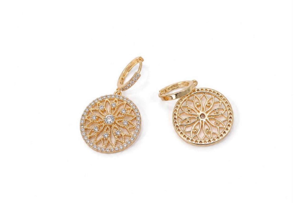 Filigree Crystal Medallion Huggie Earrings - Gold and Silver