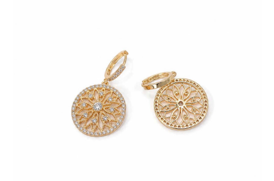 Gold Filigree Crystal Medallion Huggie Earrings