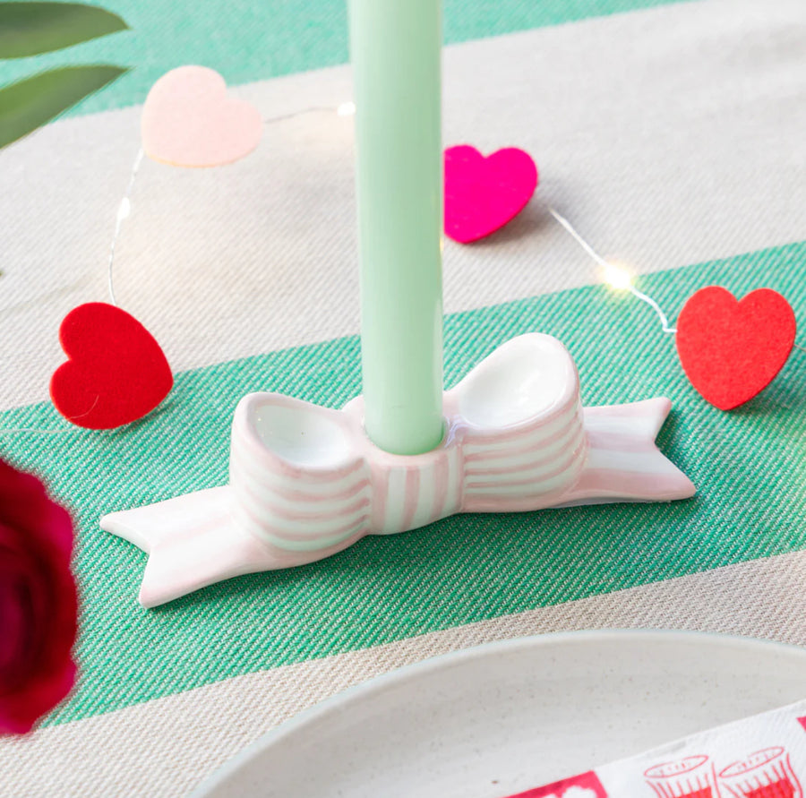 Pink Striped Bow Ceramic Candle Holder