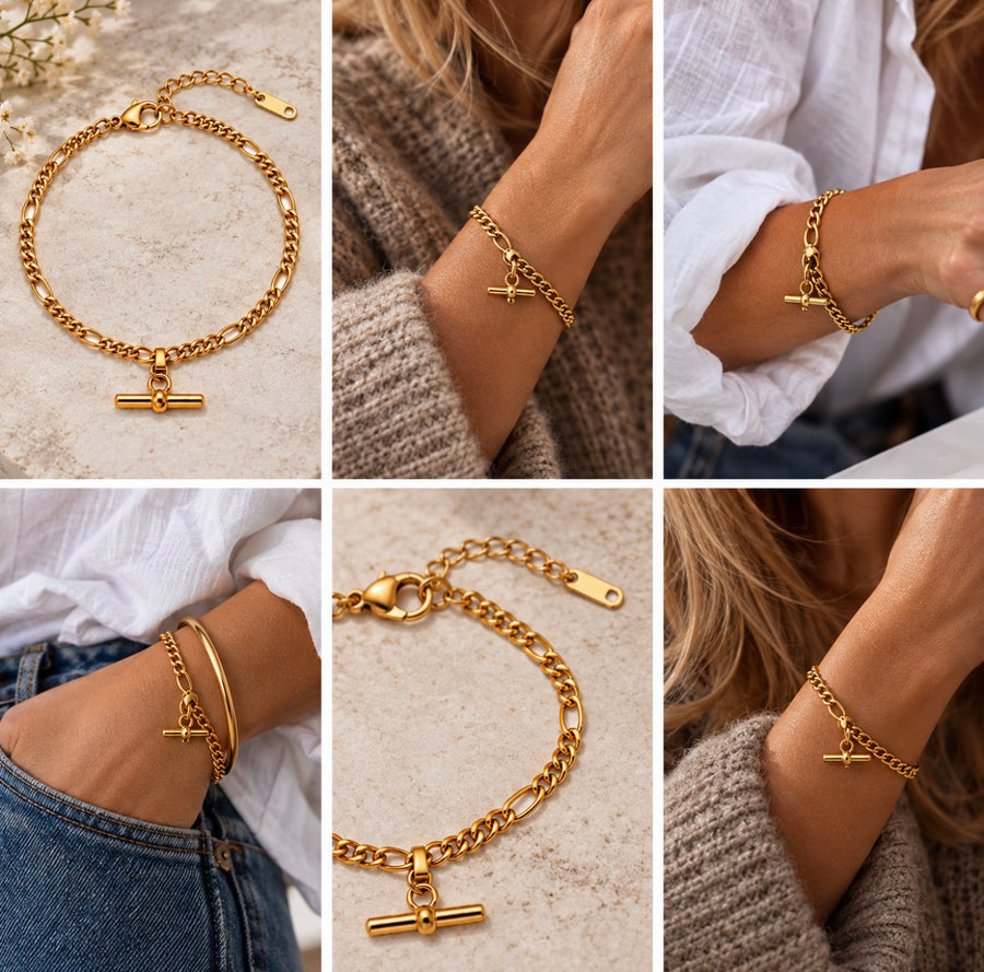 Gold Figaro Chain T-Bar Bracelet