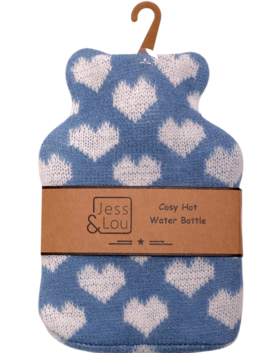 Mini Hot Water Bottle - Blue with White Heart