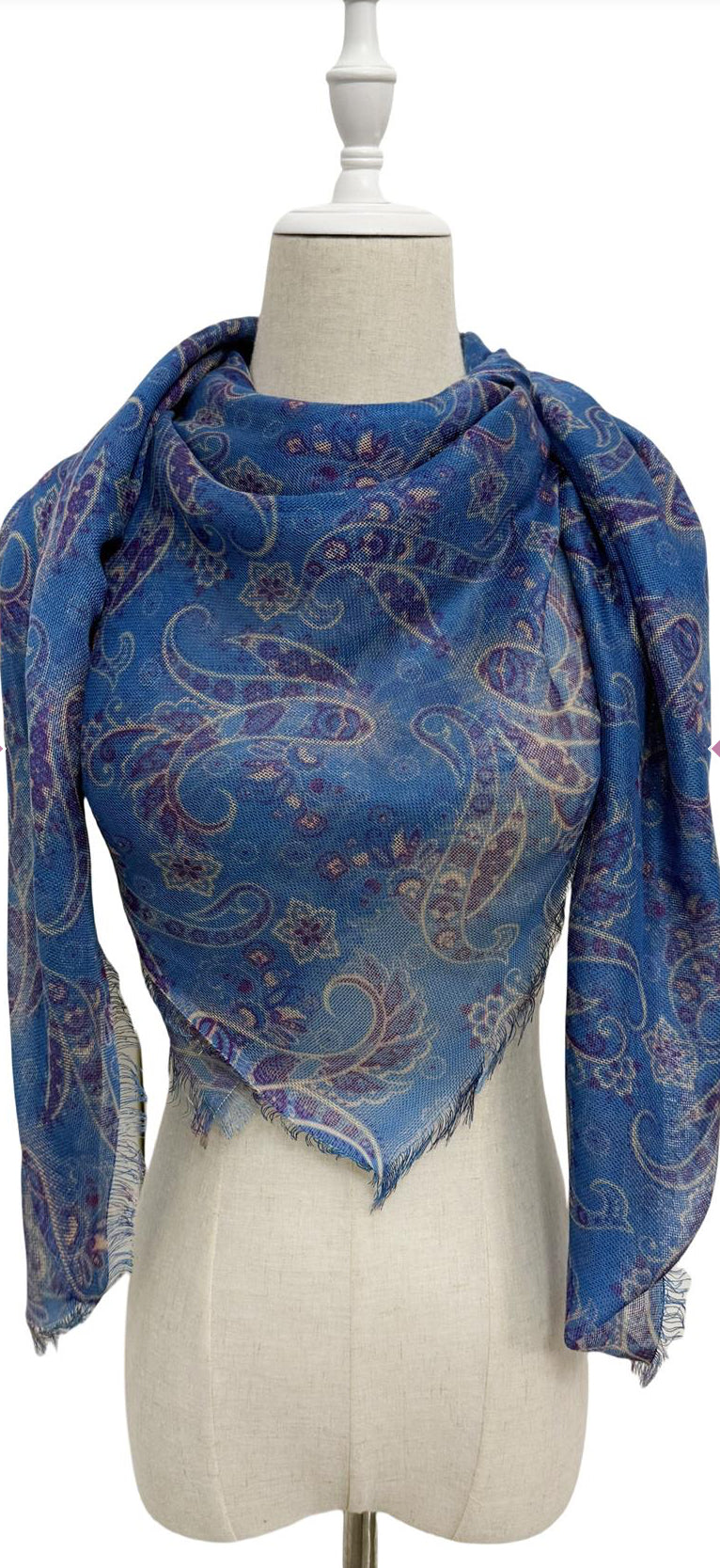 Paisley Linen Frayed Square Scarf - Blue