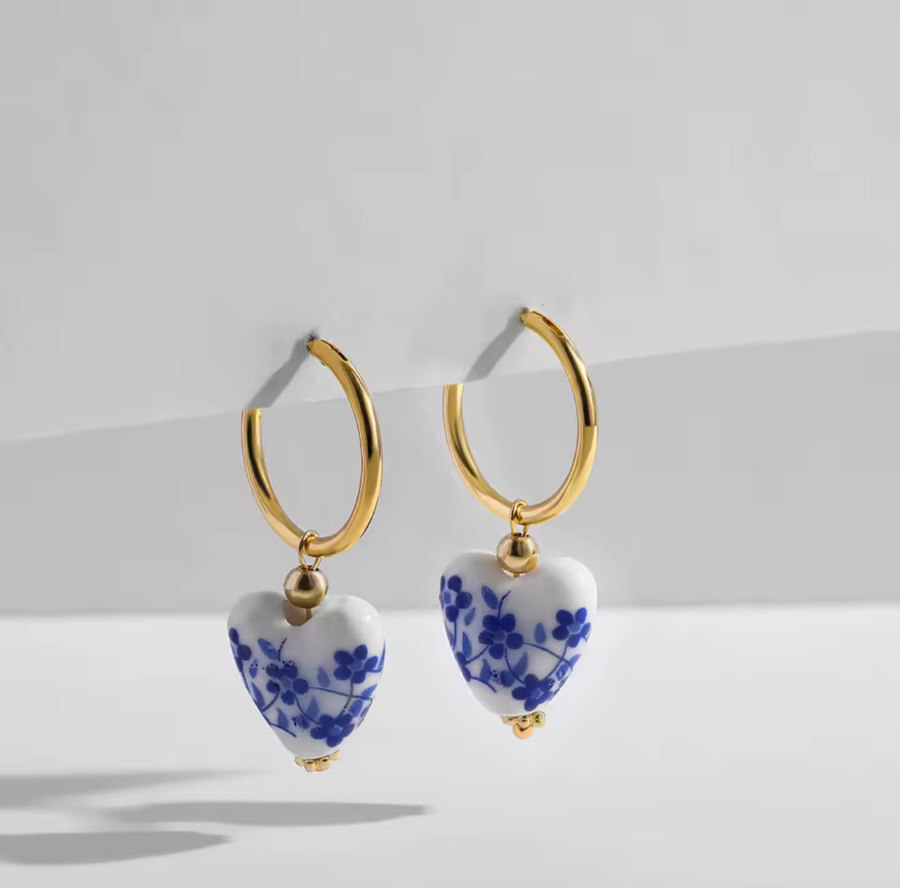 Blue China Heart Huggie